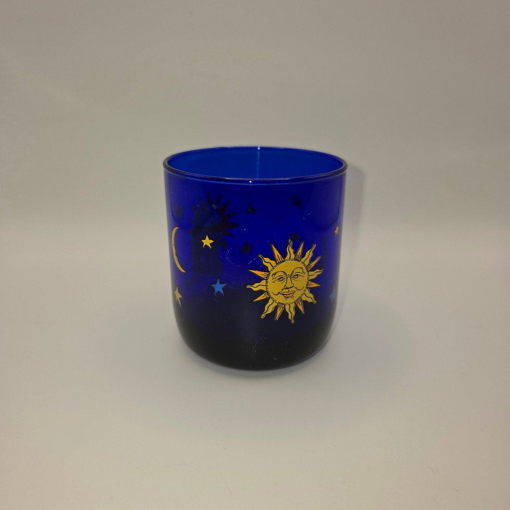Vintage Libby Cobalt Blue Celestial Sun Moon Stars Juice Glass Whimsigoth